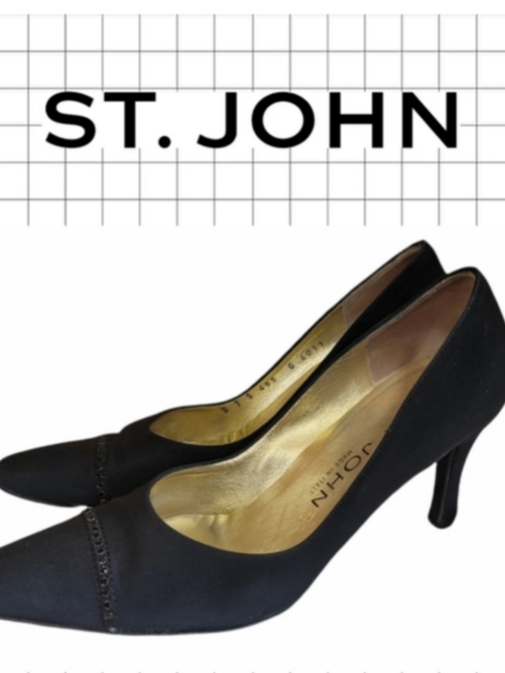 St. John Black Satin Pointed Toe Pumps with Gold Lining